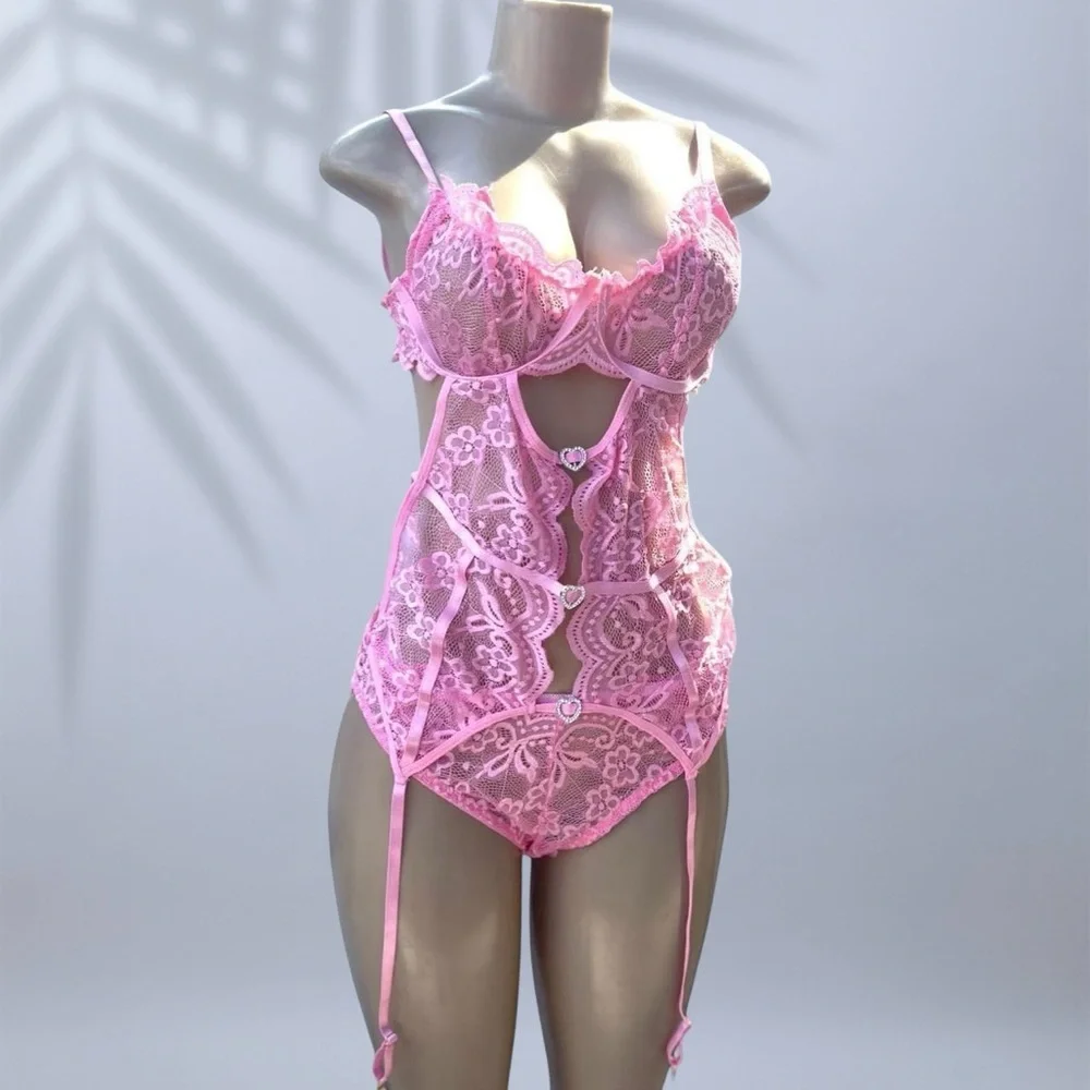 Heart Charm Lace Strappy Teddy Lingerie in Pink ✧ S